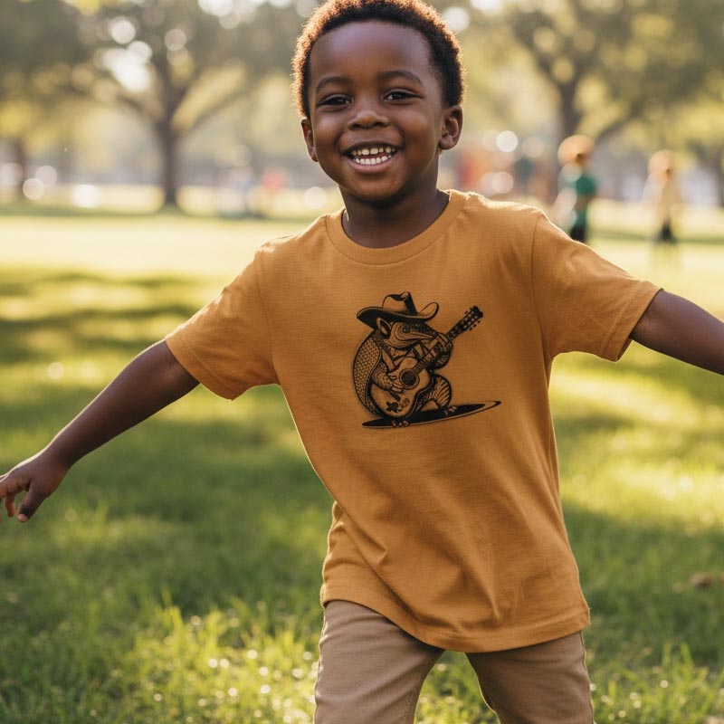 Child wearing a mustard yellow t-shirt with a graphic design, standing in a park.