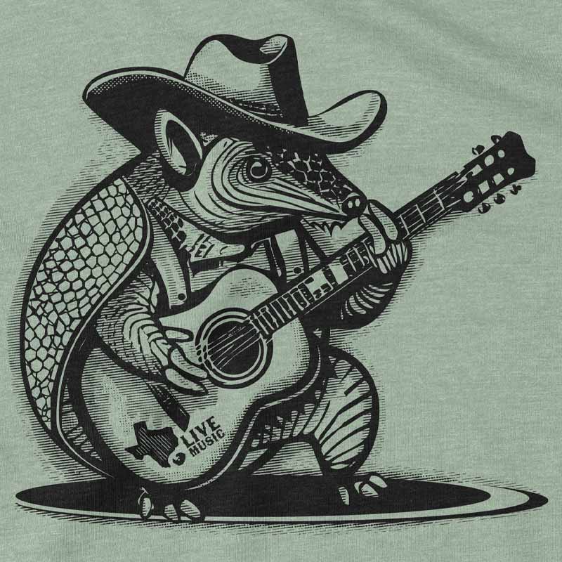 Rockin Armadiillo T-shirt, armadillo playing the guitar 