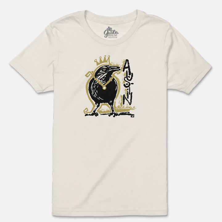 Royal Squawk Austin youth t-shirt with crowned grackle design – bold and playful Austin-themed shirt for kids