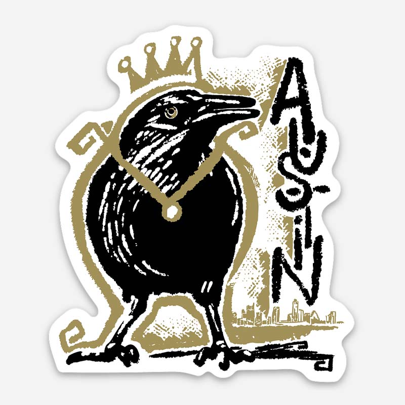 Grackle wearing a crown with the Austin skyline in the background on a vinyl sticker.