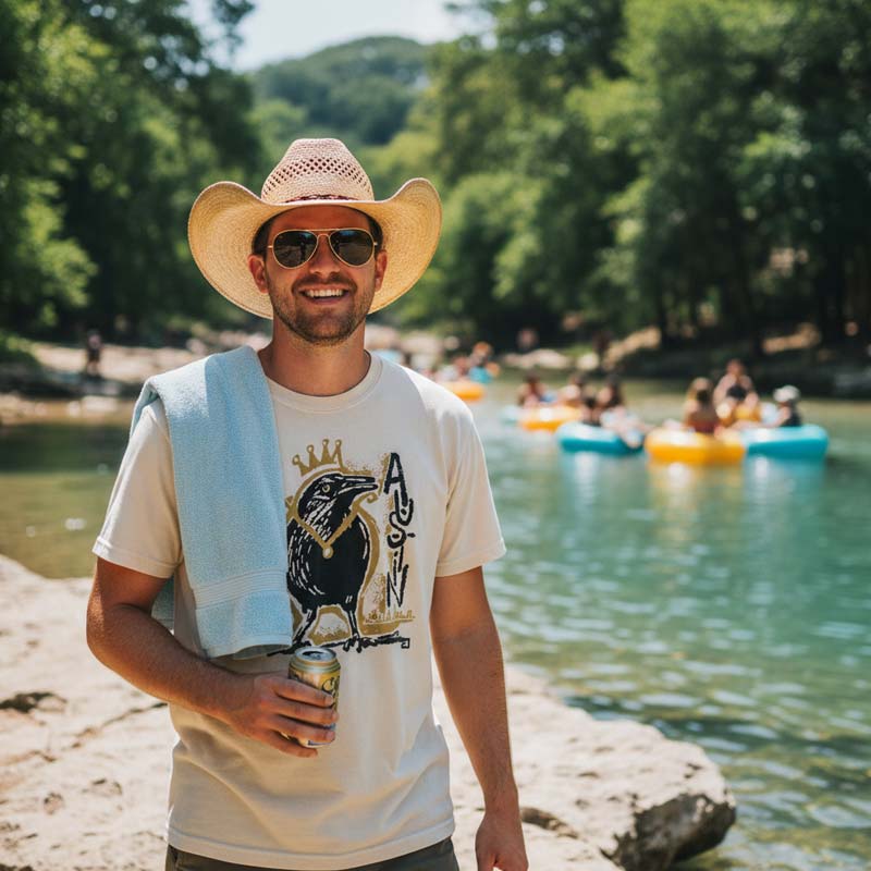 Man in a cowboy hat, wearing Royal Squawk ATX grackle shirt and sunglasses standing by a river with people in colorful rafts in the background. 