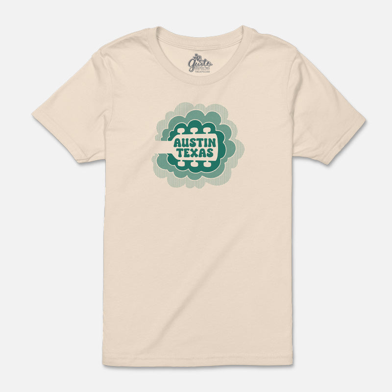 Sky Sync youth t-shirt with guitar neck rising into clouds – Austin music-themed tee for kids