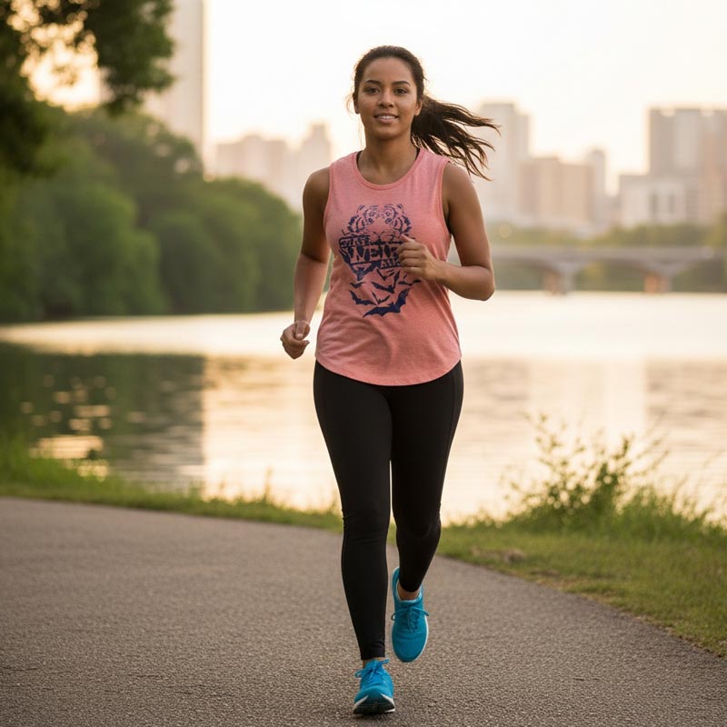 Woman running on a path by a lake with a city skyline in the background