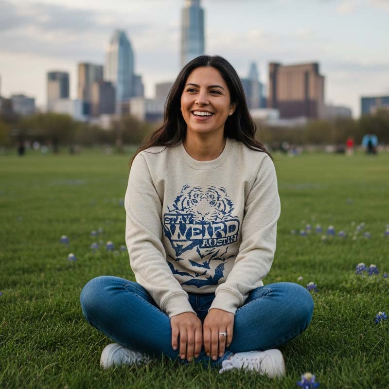 Woman sitting on grass with a city skyline in the background