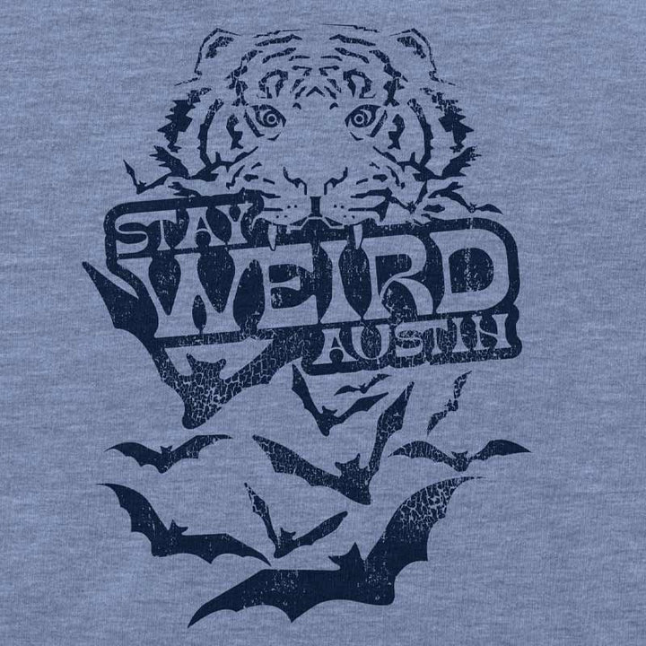 Close up of our Stay Weird toddler t-shirt with bold, playful graphic – fun and quirky Austin-themed kids tee 