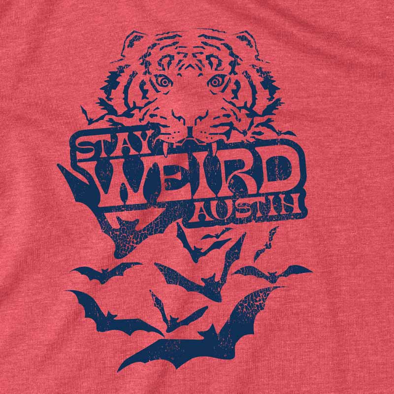 Stay Weird Austin Texas T-shirt with tiger, bats and stay weird Austin graphic