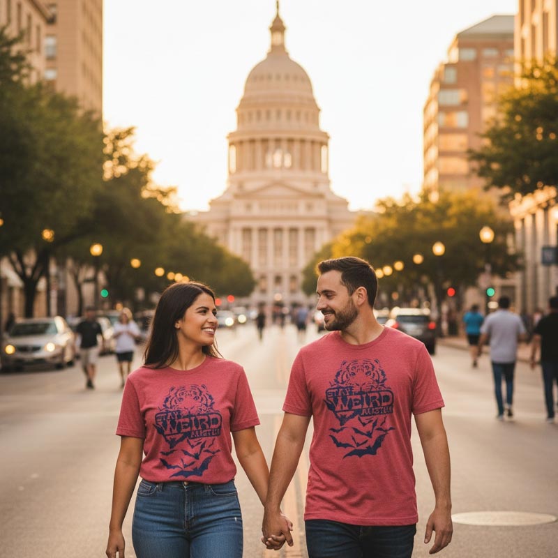 Two people holding hands on a street with a capitol building in the background