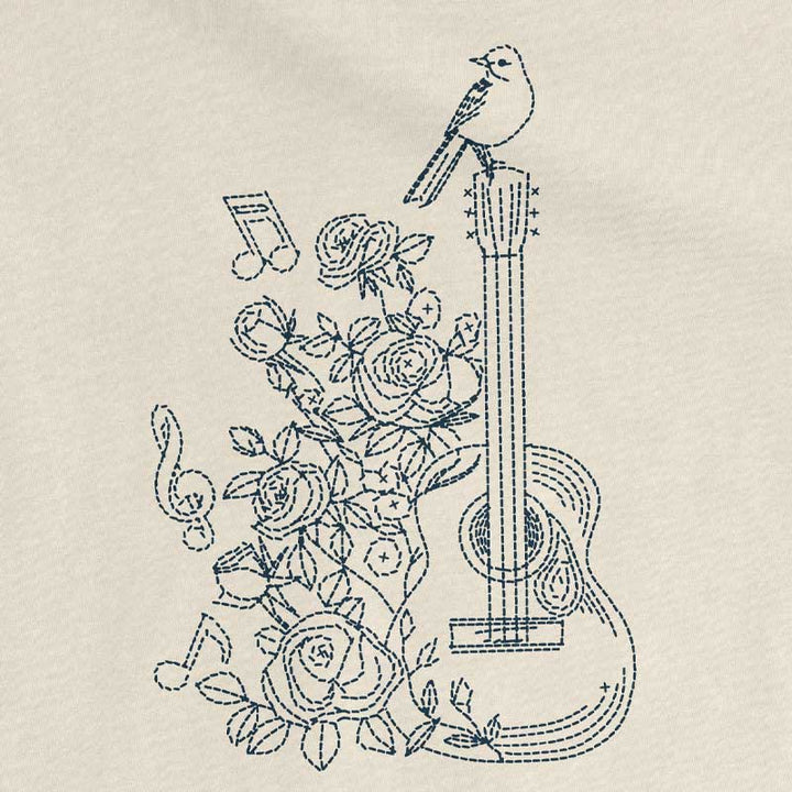 Embroidery design of a guitar, roses, and birds on a beige background