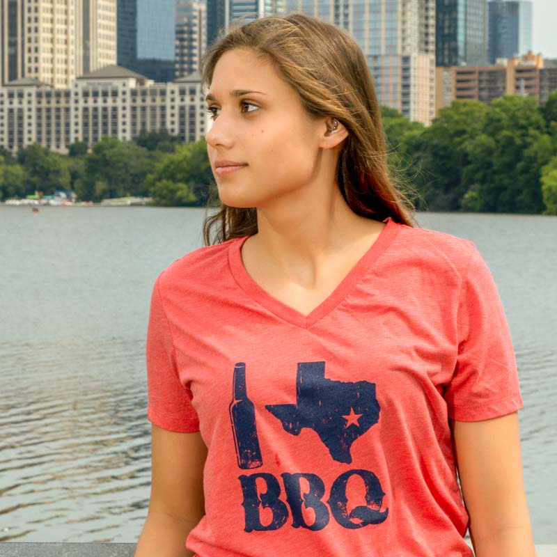 I Love Texas BBQ Women's V-Neck, Relaxed fit, red triblend with TX BBQ Graphic