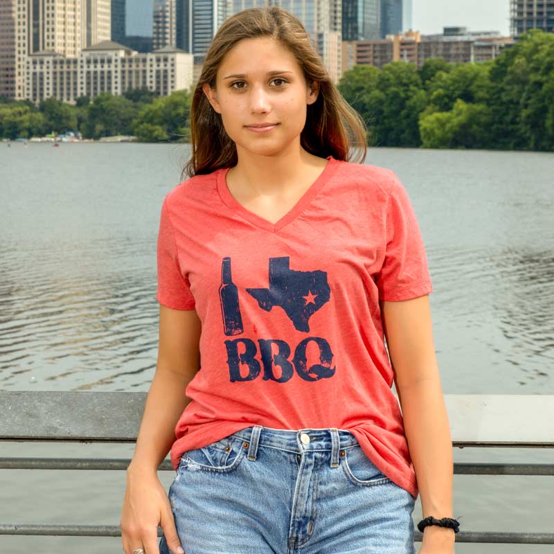 I Love Texas BBQ Women's V-Neck, Relaxed fit, red triblend with TX BBQ Graphic