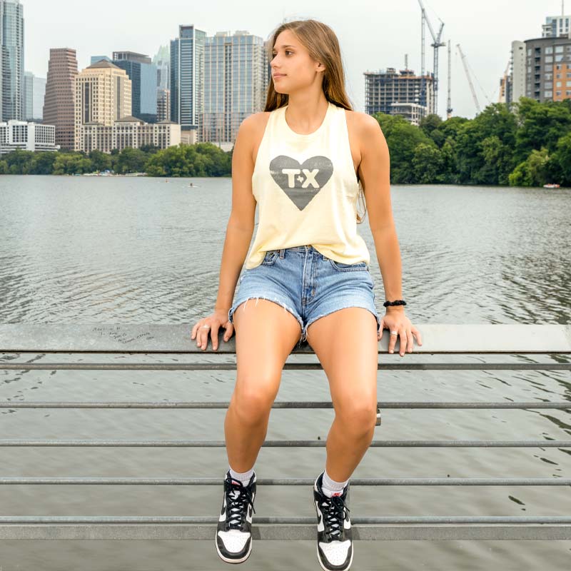 Texas Heart Women's Racerback Crop Tank, Pale Yellow with grey heart and TX