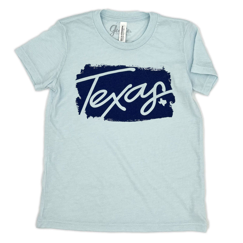 Texas Ink Youth T-shirt, with Navy Texas design, Ice Blue Triblend Bella+Canvas Tee