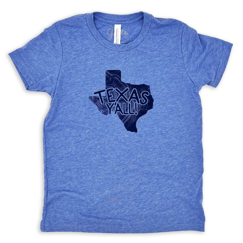 Texas Y'all Youth T-shirt, Blue Triblend Bella+Canvas, Texas state with wood grain graphic