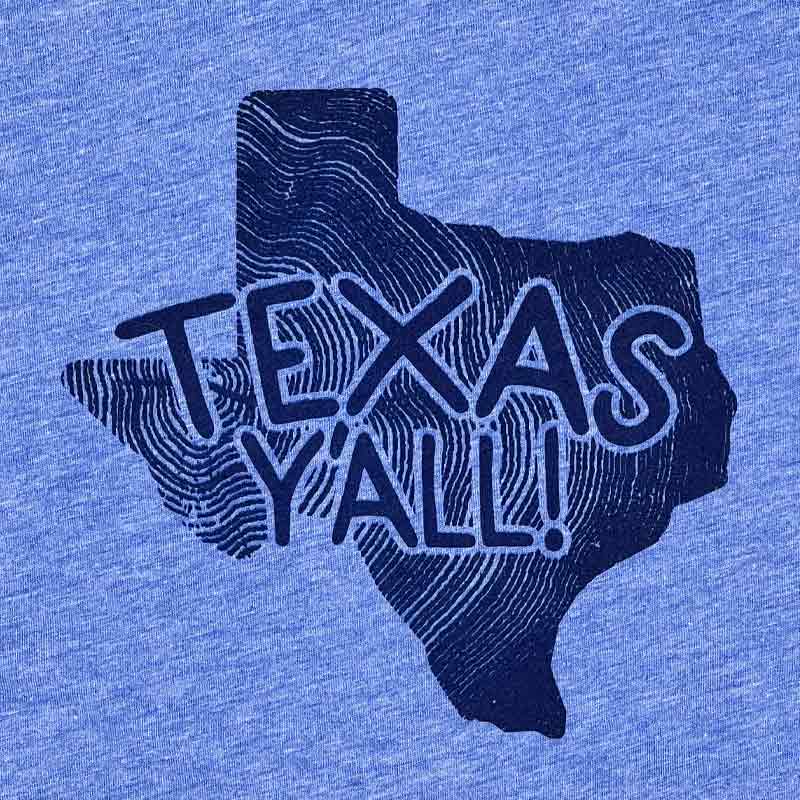 Texas Y'all Youth T-shirt, Blue Triblend Bella+Canvas, Texas state with wood grain graphic