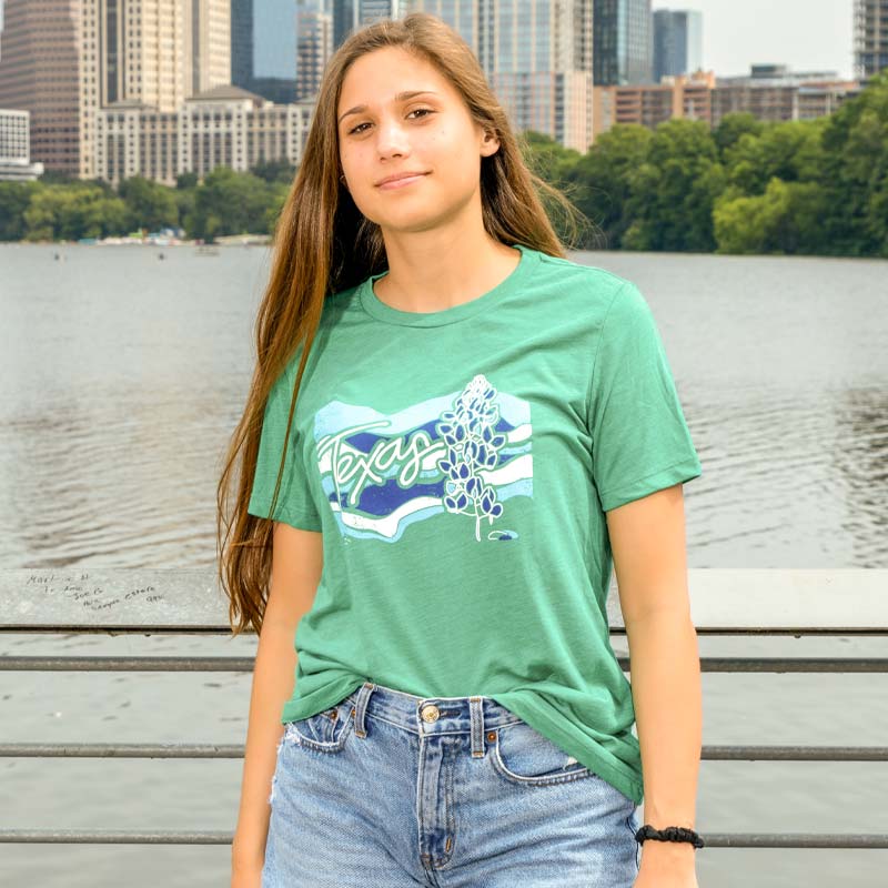 Texas Bluebonnets Women's Relaxed Kelly Green Triblend T-shirt, with Texas bluebonnet design in blue and white ink