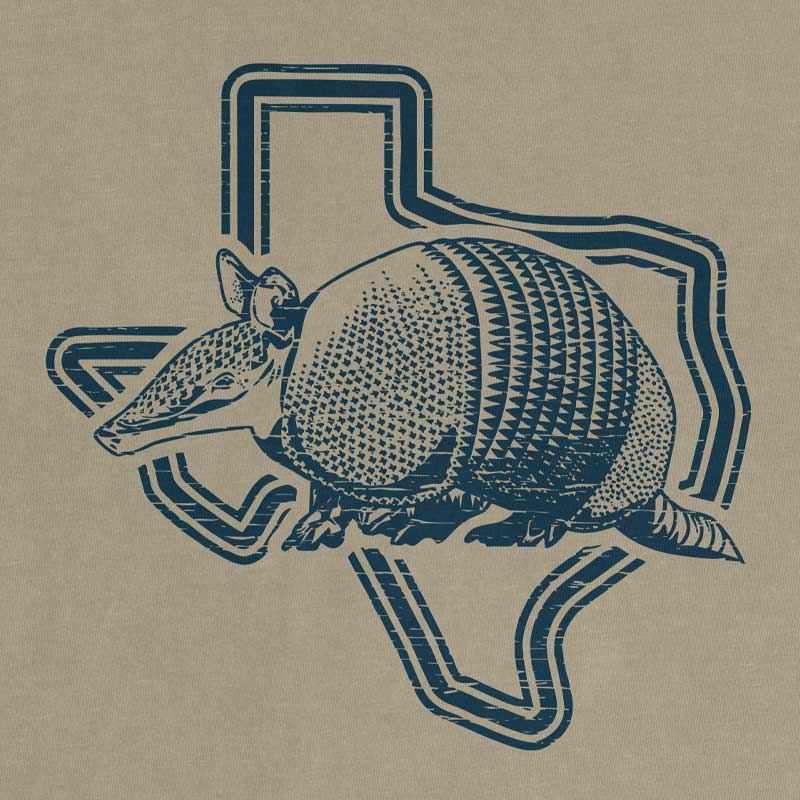 Close up of Armadillo Texas graphic tee printed on Khaki Comfort Colors 1717 garment-dyed t-shirt