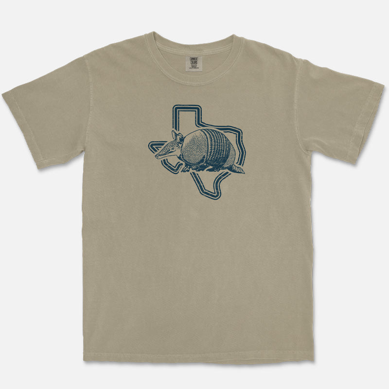Armadillo Texas graphic tee printed on Khaki Comfort Colors 1717 garment-dyed t-shirt