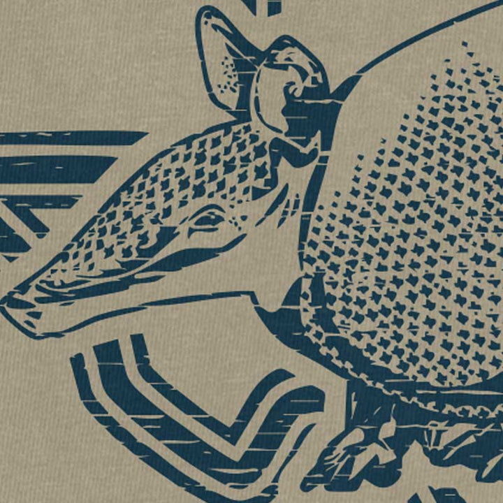 Up close Armadillo Texas graphic tee printed on Khaki Comfort Colors 1717 garment-dyed t-shirt
