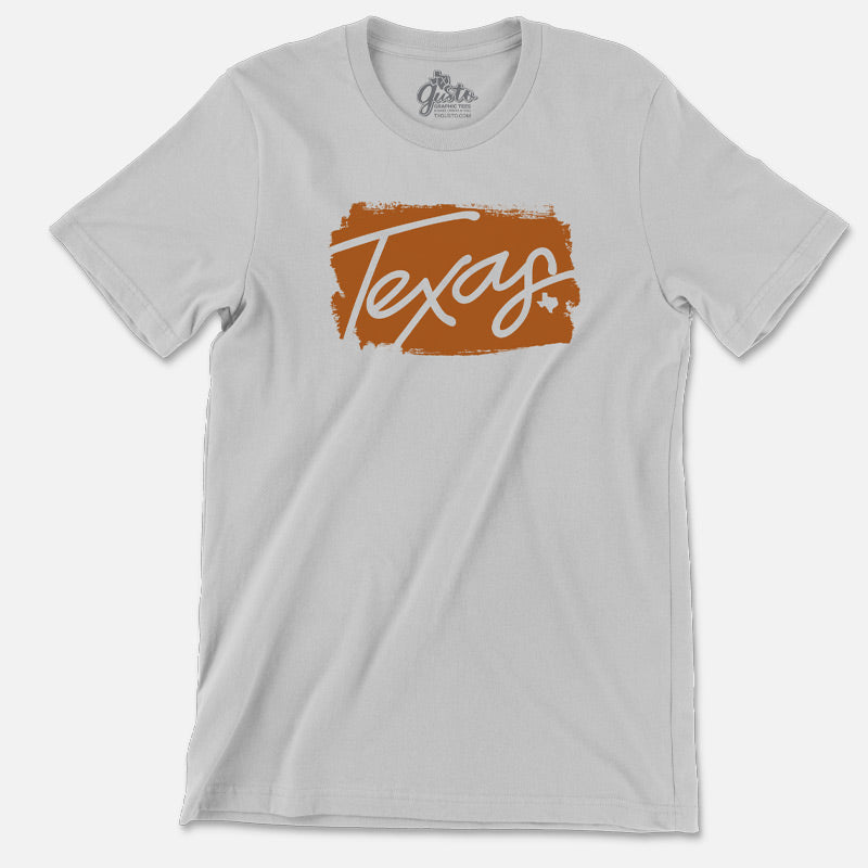 Texas t-shirt with burnt orange painter styled graphic