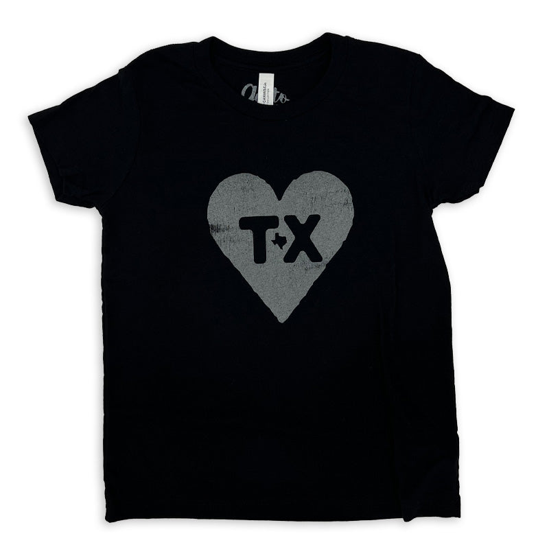 Texas Heart Youth T-shirt, black tee with charcoal grey ink, heart Texas
