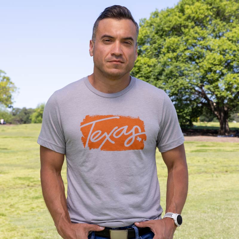 Texas t-shirt with burnt orange painter styled graphic