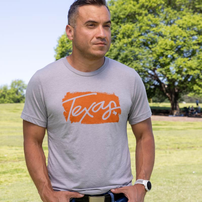 Texas t-shirt with burnt orange painter styled graphic