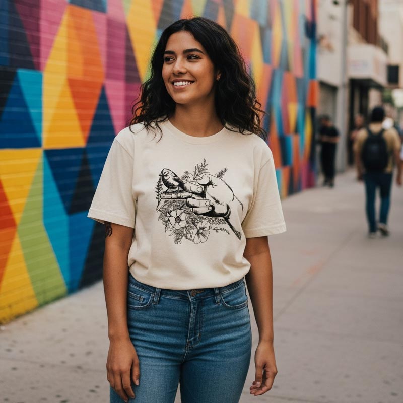 Woman wearing a white t-shirt with a black graphic design in front of a colorful mural.