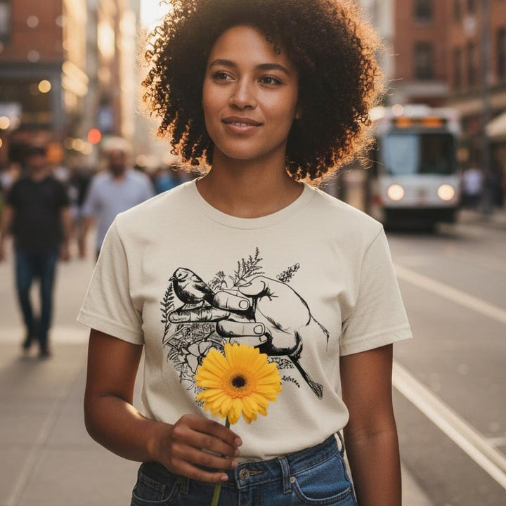 Woman wearing a white t-shirt with a graphic design, holding a yellow flower on a city street.