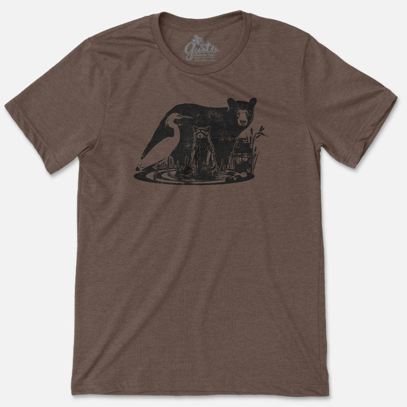 Louisiana Wildlife t-shirt with bear, racoon, egret in a swamp