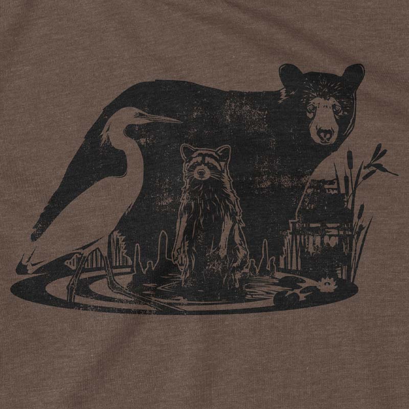 Wildlife t-shirt with bear, racoon, egret in a swamp