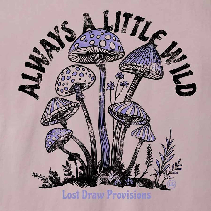 A close-up of a graphic print on a light pink fabric, featuring purple and black illustrated mushrooms with the text &