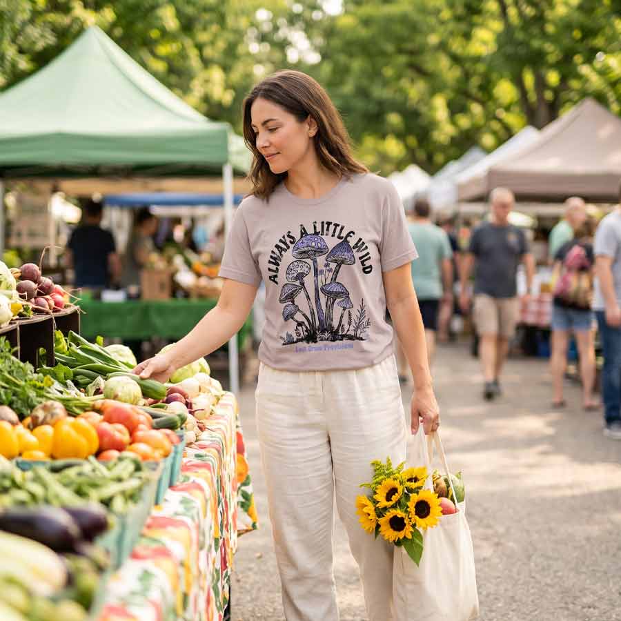 A woman at an outdoor farmers market wearing a light gray graphic t-shirt that reads &