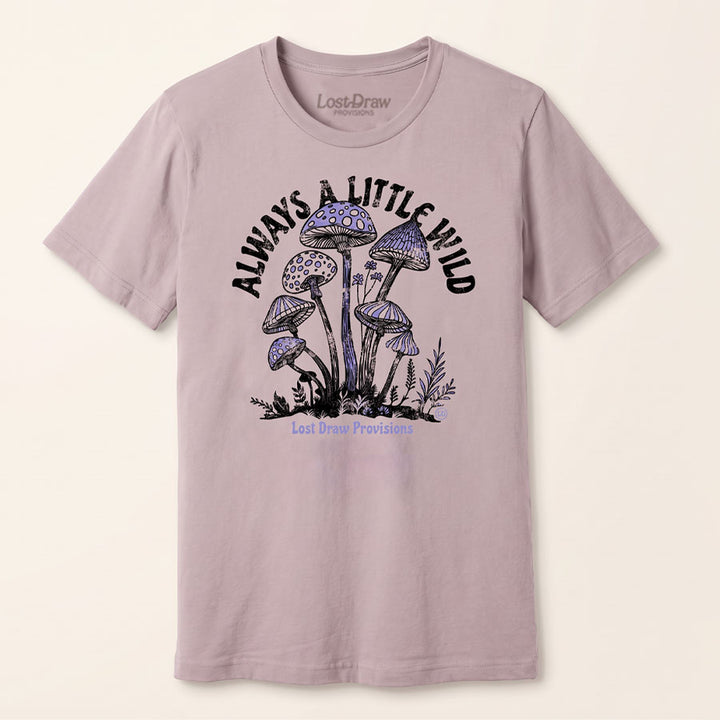 A light dusty pink t-shirt with a graphic of purple mushrooms and the text &