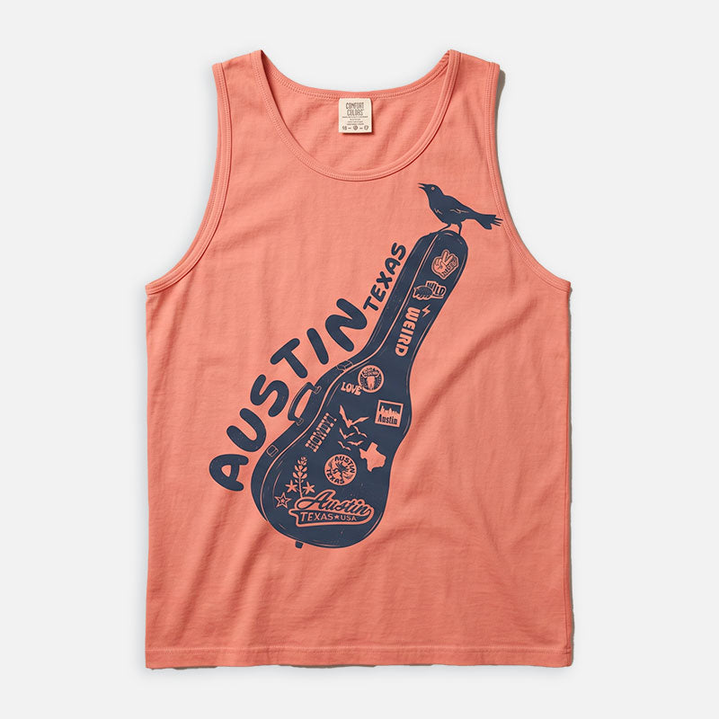 Carry-On Austin graphic tank top printed on a Comfort Colors 9360 heavyweight tank in Terracotta featuring Austin-inspired guitar case artwork and music-themed design.