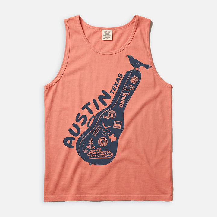 Carry-On Austin graphic tank top printed on a Comfort Colors 9360 heavyweight tank in Terracotta featuring Austin-inspired guitar case artwork and music-themed design.