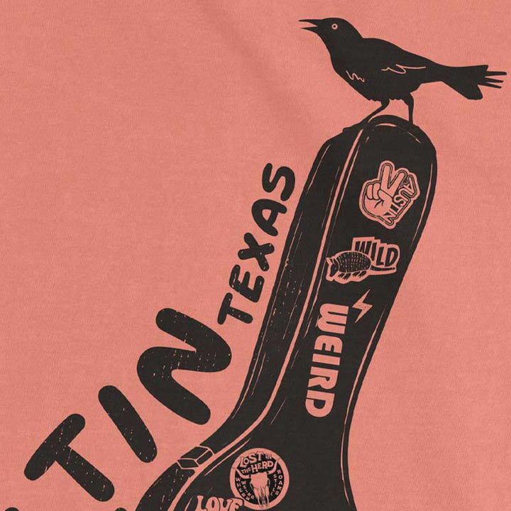 Illustration of a grackle on a guitar case with 'Austin Texas' text on a pink background