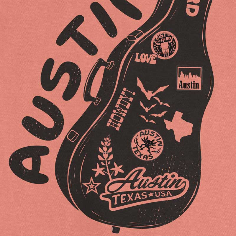 Black guitar case with 'Austin Texas' text and graphics on a pink background