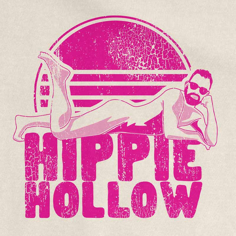 Close up of Hippie Hollow Austin Texas Sun Bum design on a Comfort Colors 1717 Ivory T-shirt