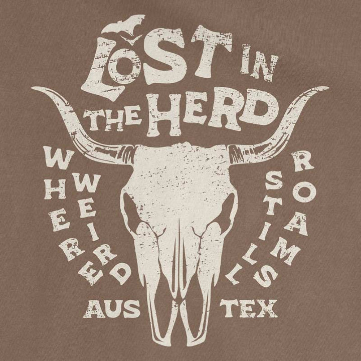 Close up of Lost in the Herd Austin t-shirt printed on Comfort Colors Espresso 1717  garment-dyed tee
