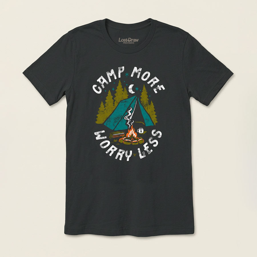 A dark charcoal gray crewneck t-shirt featuring a colorful graphic print on the front with the text &