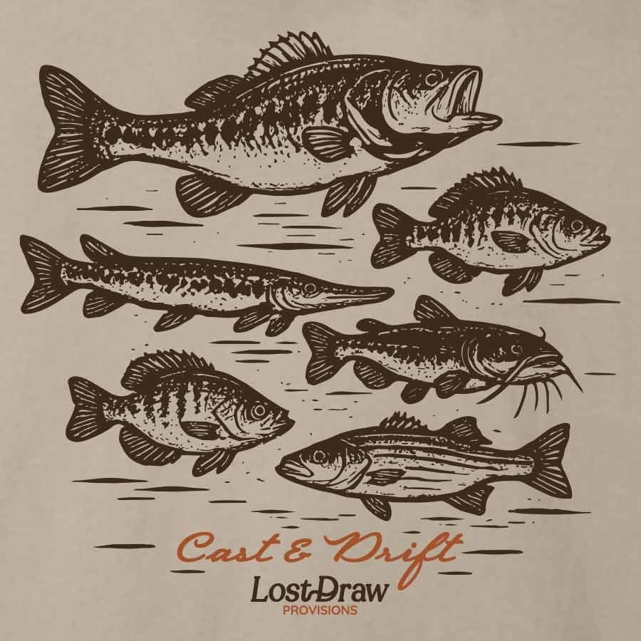 A vintage-style fish illustration on a beige background, featuring six different fish drawn in dark brown ink with the text &