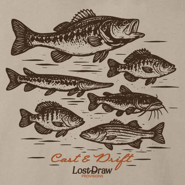 A vintage-style fish illustration on a beige background, featuring six different fish drawn in dark brown ink with the text &