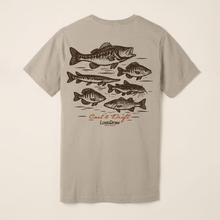 A light beige crewneck t-shirt shown from the back, featuring a graphic print of six fish in dark brown with the text &
