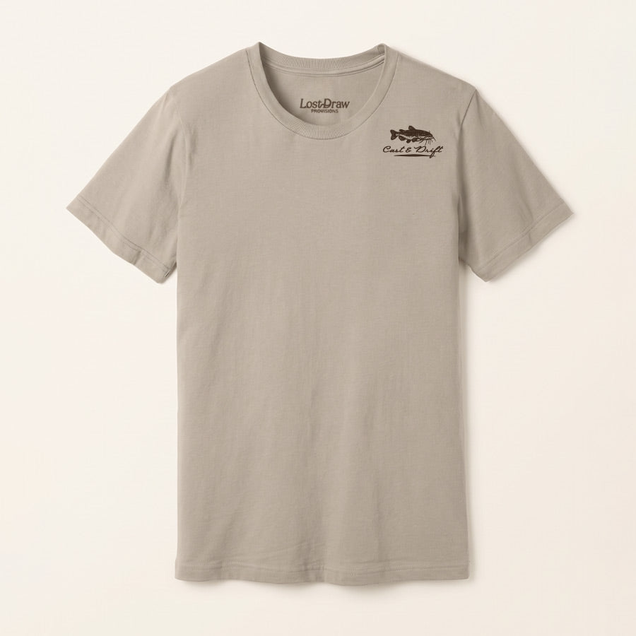 A light gray crewneck t-shirt with a small brown &