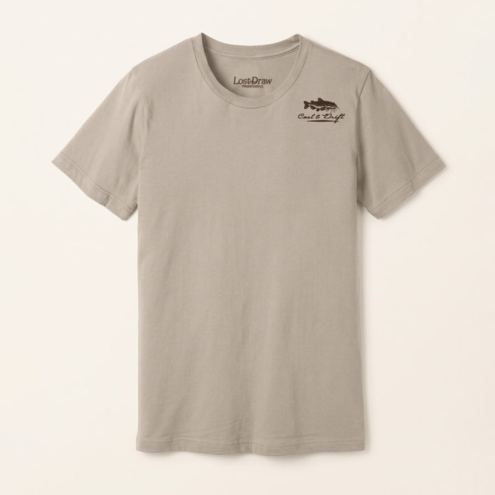 A light gray crewneck t-shirt with a small brown &