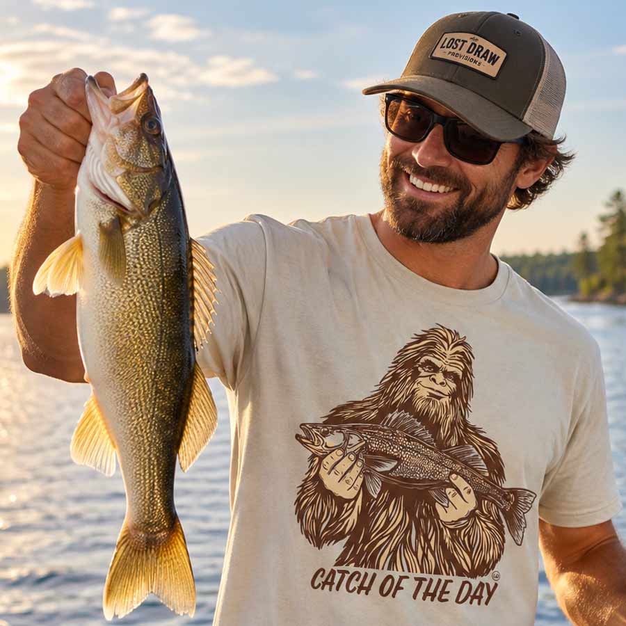 A smiling man outdoors by the water holds up a large fish while wearing a beige graphic T-shirt that reads &