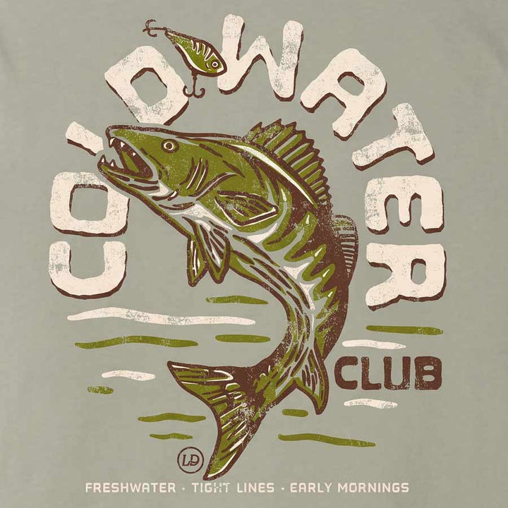 Back of Cold Water Club Tee featuring vintage distressed walleye fishing graphic in cream, olive and brown.
