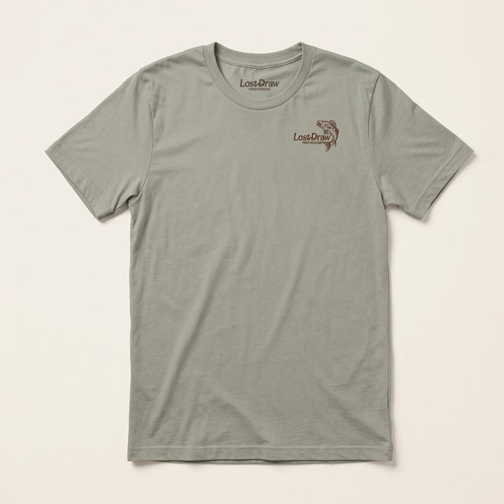 Cold Water Club Tee in Thyme green with small Lost Draw Provisions fish logo on front left chest.