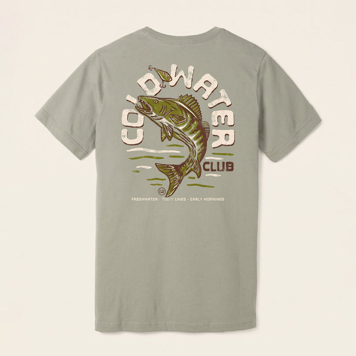 Back of Cold Water Club Tee featuring vintage distressed walleye fishing graphic in cream, olive and brown.