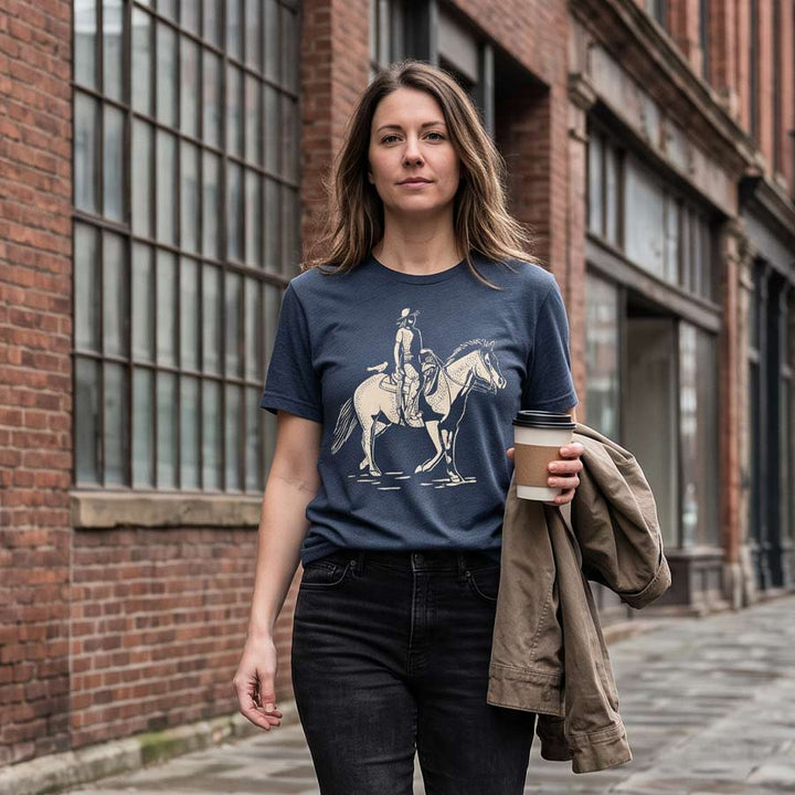 Woman wearing the Vintage Navy Dust &amp; Reins graphic tee on a historic brick-lined city street.